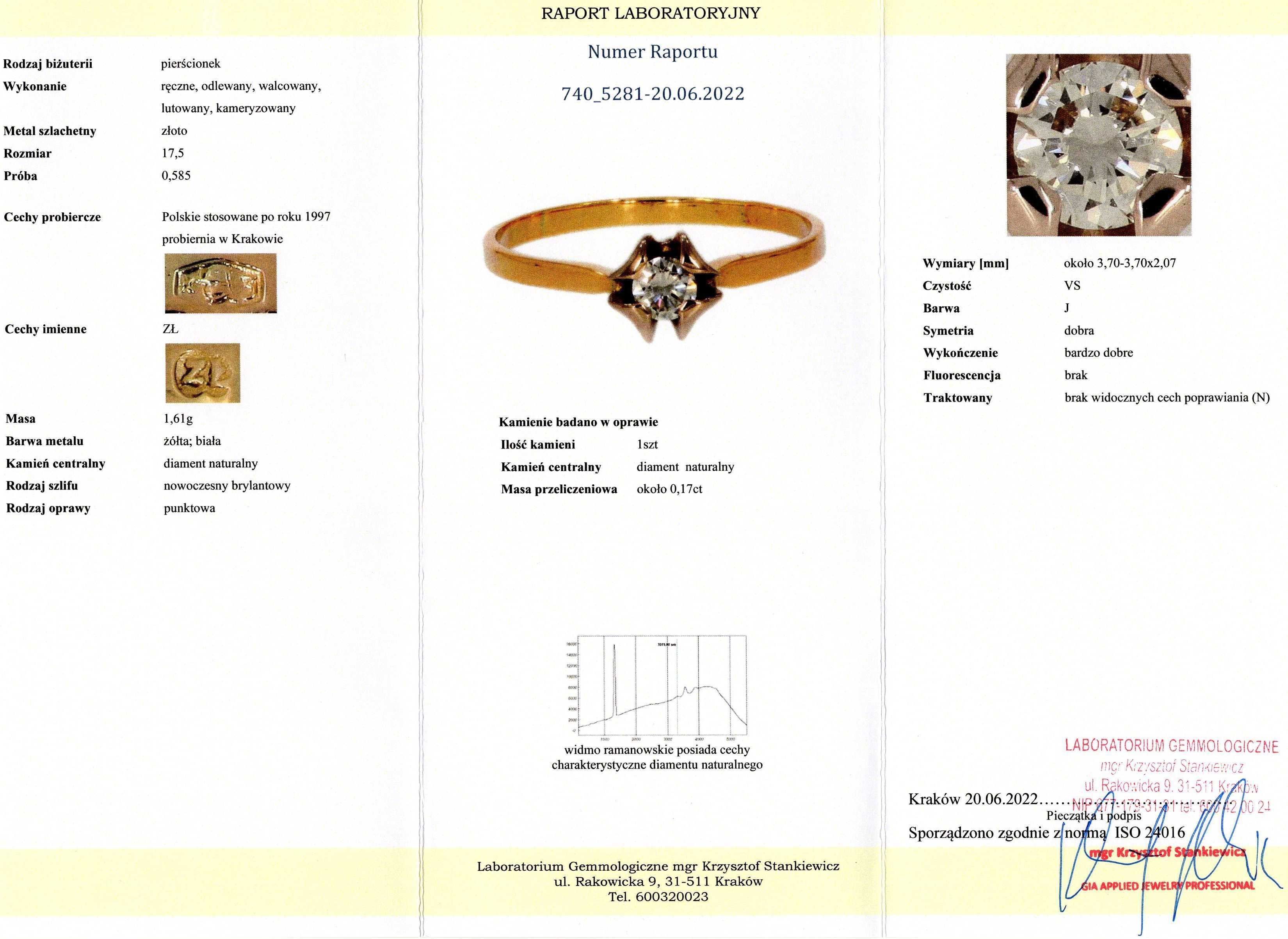 Złoty Pierścionek - 14K - 1,61g - DIAMENT 0,17ct - Kraków