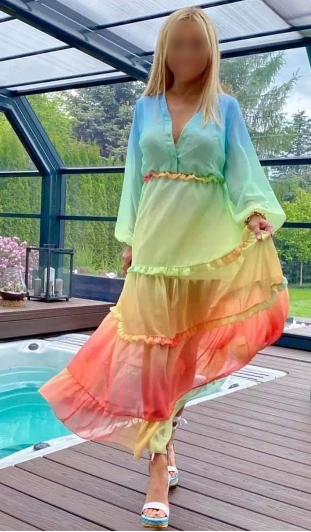 Długa maxi sukienka letnia tęczowa ombre bufki By o la la  S 36