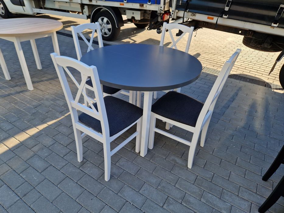 Nowe: Stół okrągły + 4 krzesła, biały/grafit + grafit ( krzyż)