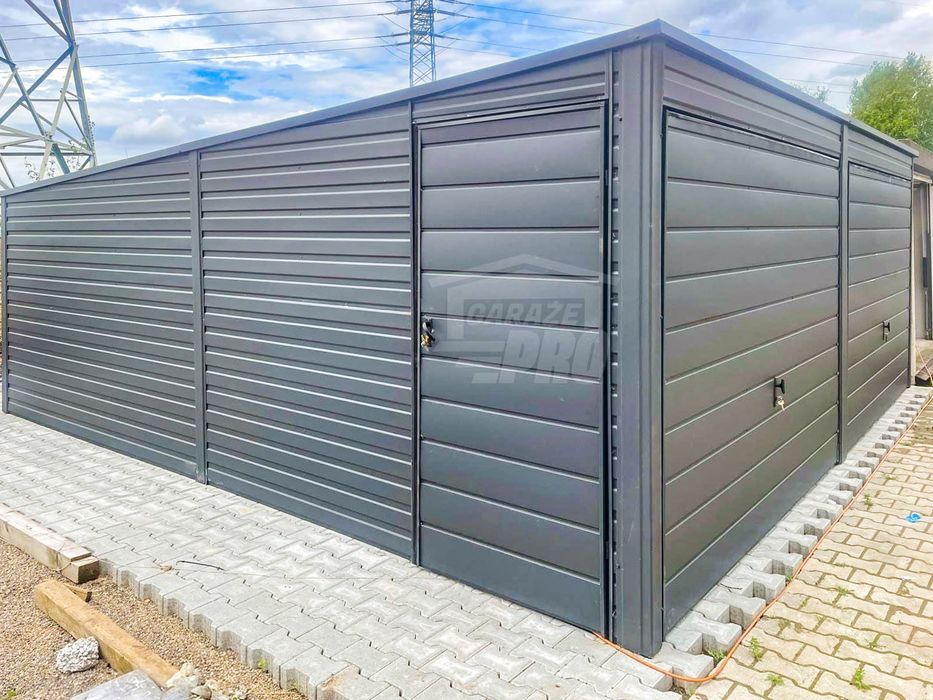 Garaż Blaszany 6x6m 2x Brama Uchylna Drzwi Antracyt dach spad GP413