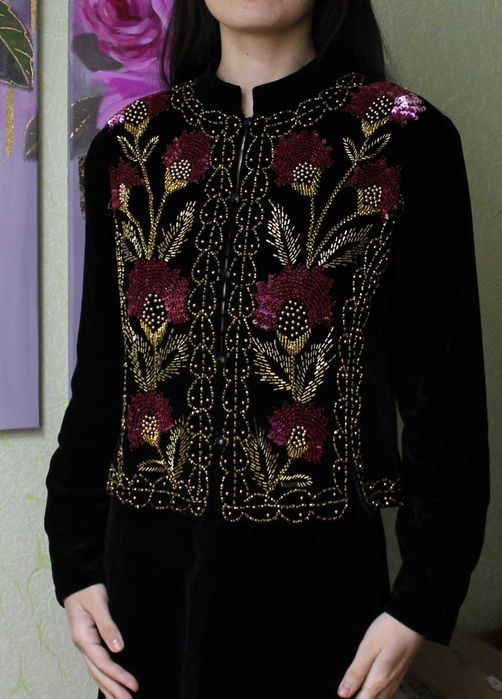 Вінтажний вишитий намистом, паєтками оксамитовий чорний піджак germany