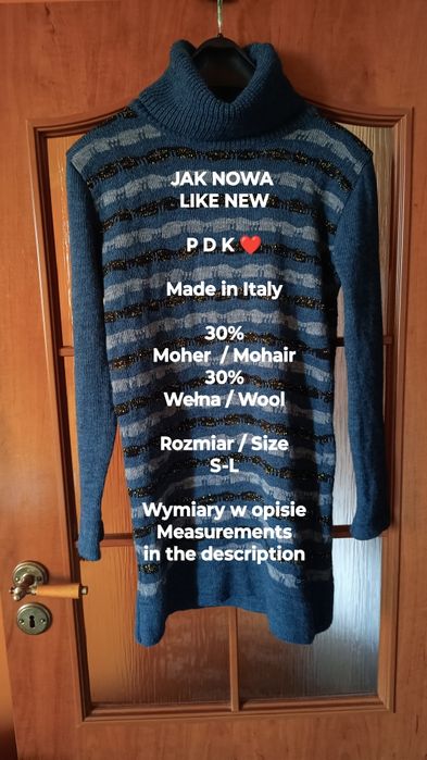Made in Italy  PDK  Włoska tunika z golfem z moheru i wełny, Roz. S-L