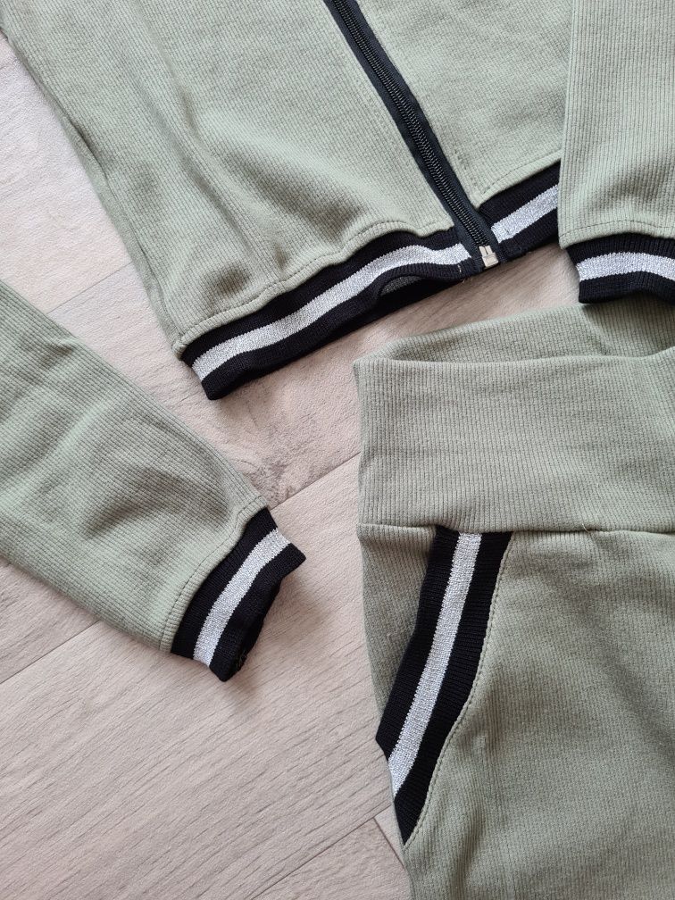 Komplet w prążek oliwka S/M dres damski bluza spodnie