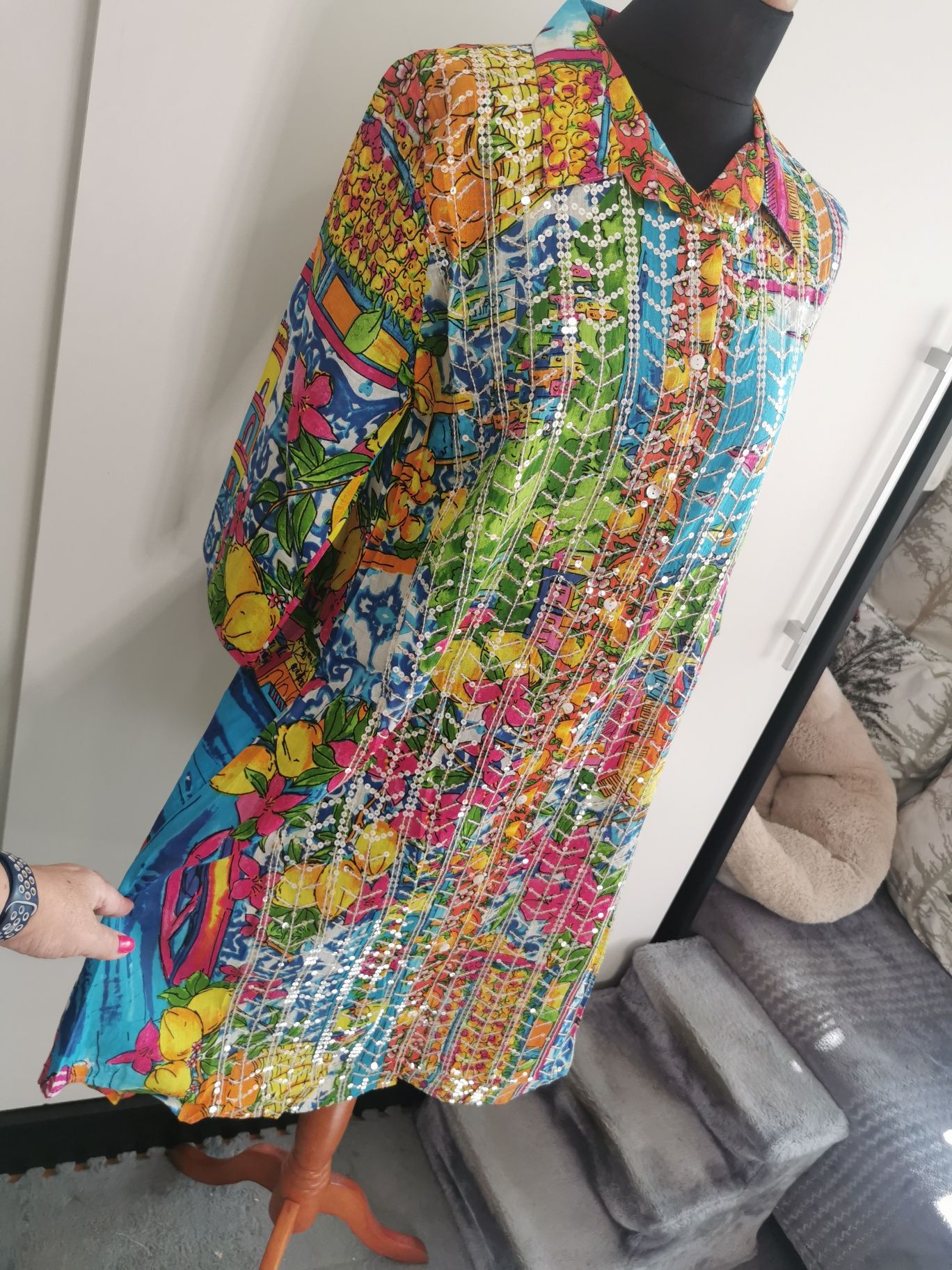 Śliczna kolorowa sukienka koszulowa handmade M/L bawełna