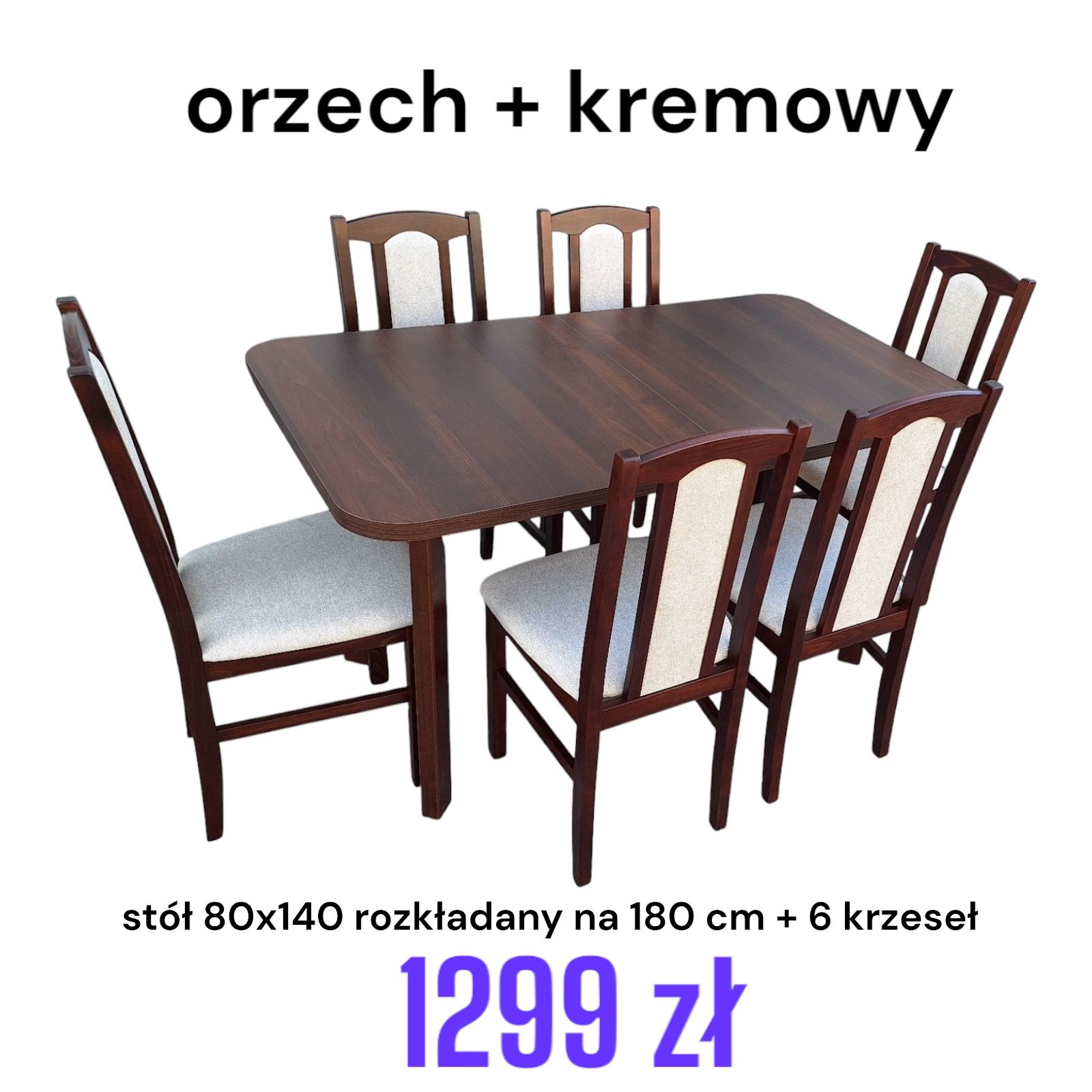 Nowe: Stół rozkładany + 6 krzeseł, orzech + szary, dostawa PL, NOWE