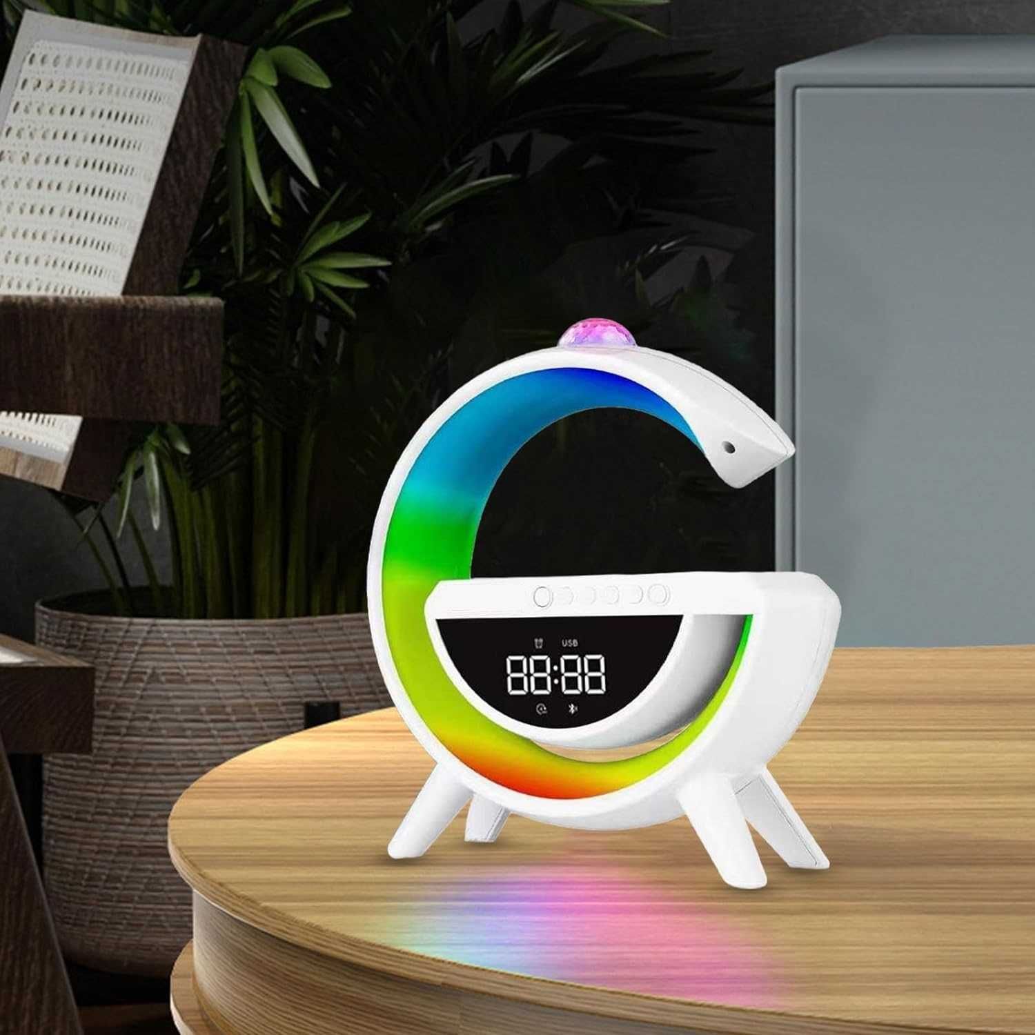 Projektor lampka LED głośnik ładowarka indukcyjna QI RGB radio BT