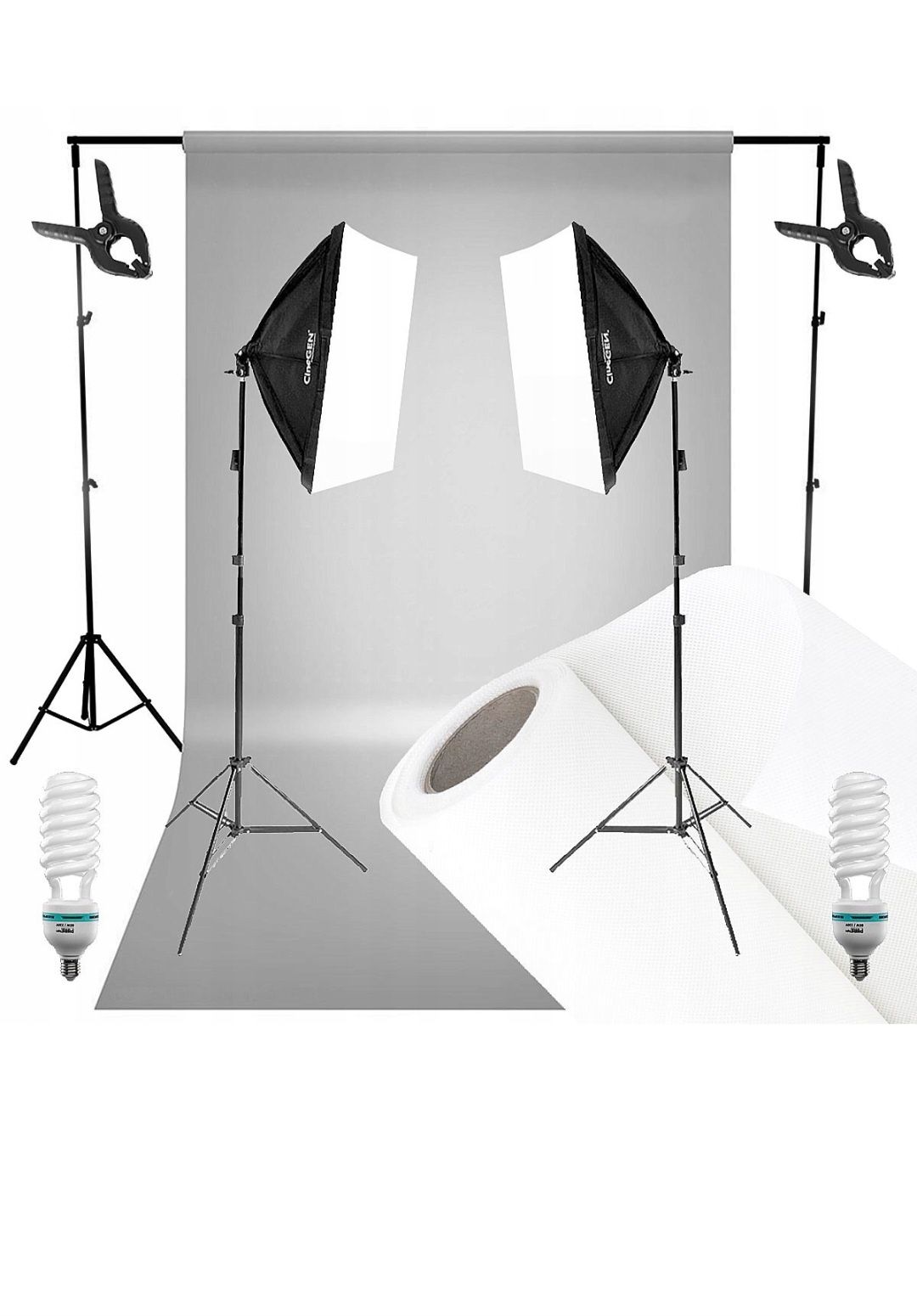 ZESTAW tło 5m 2x żarówka 65W 2x softbox 4x statyw