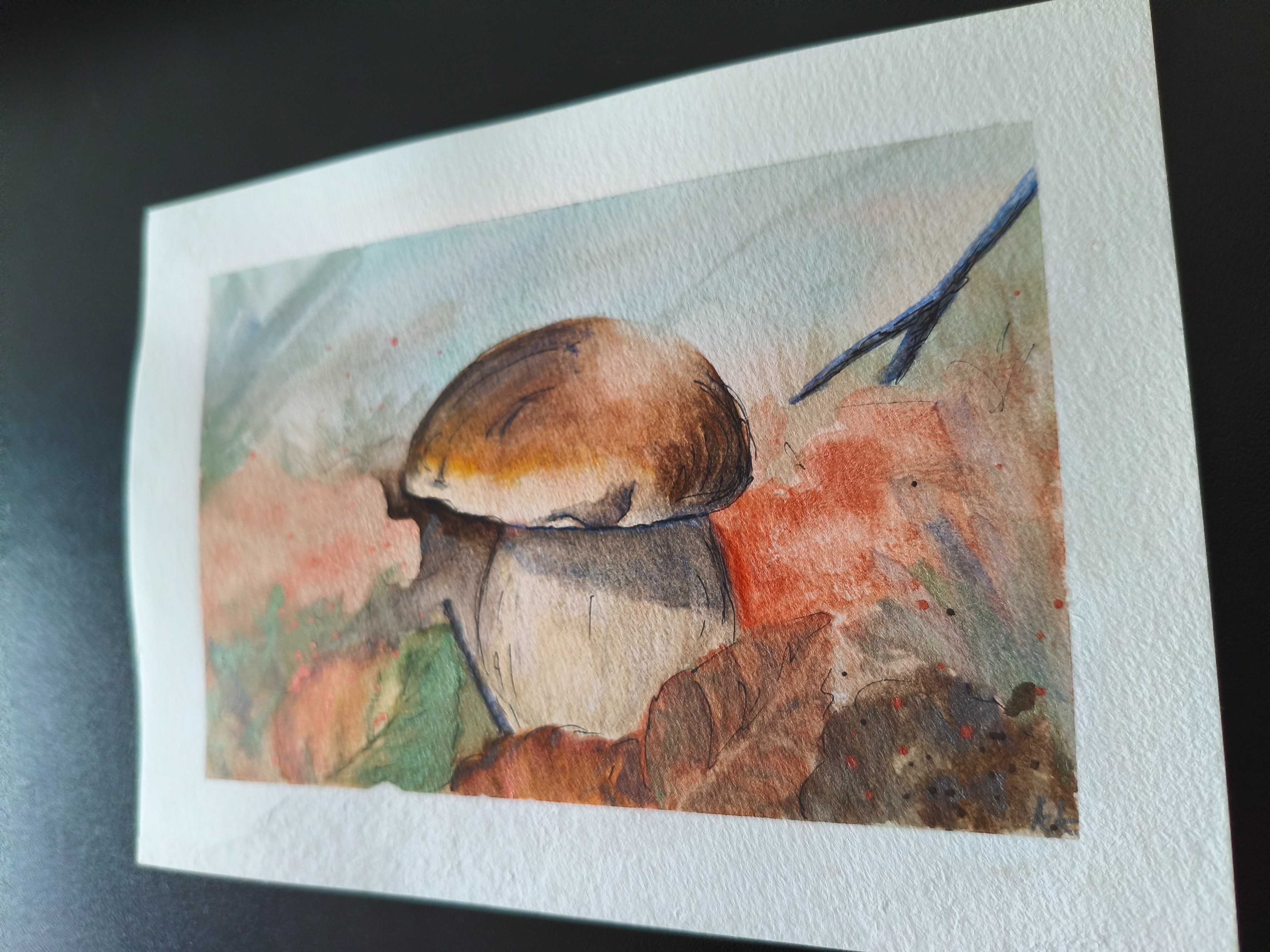 Akwarele JESIEŃ grzyby grzybobranie las obraz liść 15x21