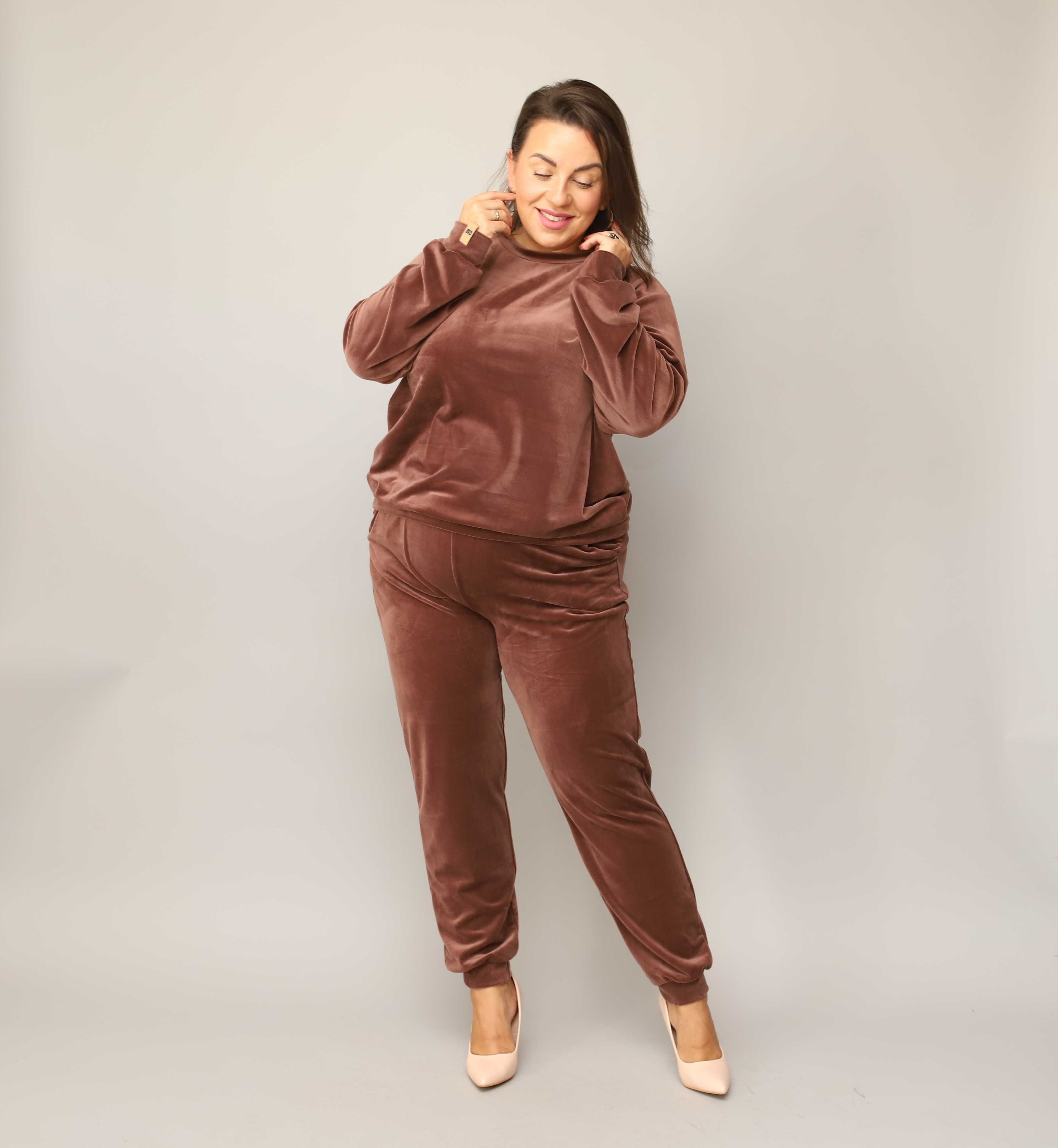 Czekoladowy DRES WELUROWY damski komplet bluza + spodnie JESIEŃ 2XL 44