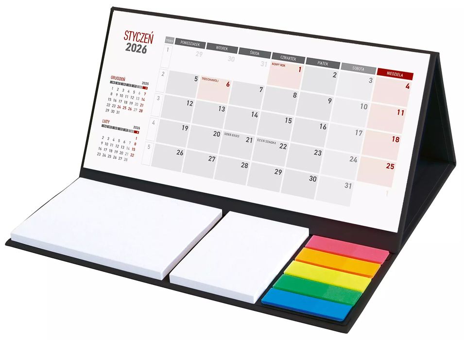 Kalendarz 2026 stojący z notesem, czarny. Wokół nas