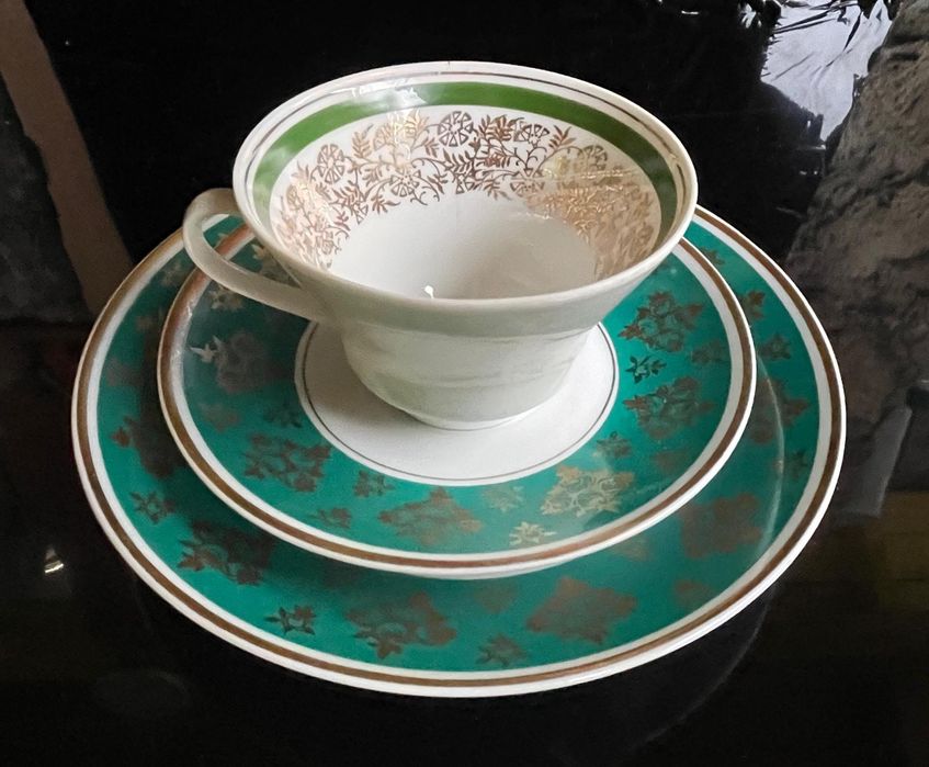 Stara porcelana zestaw śniadaniowy TRIO złoto zieleń