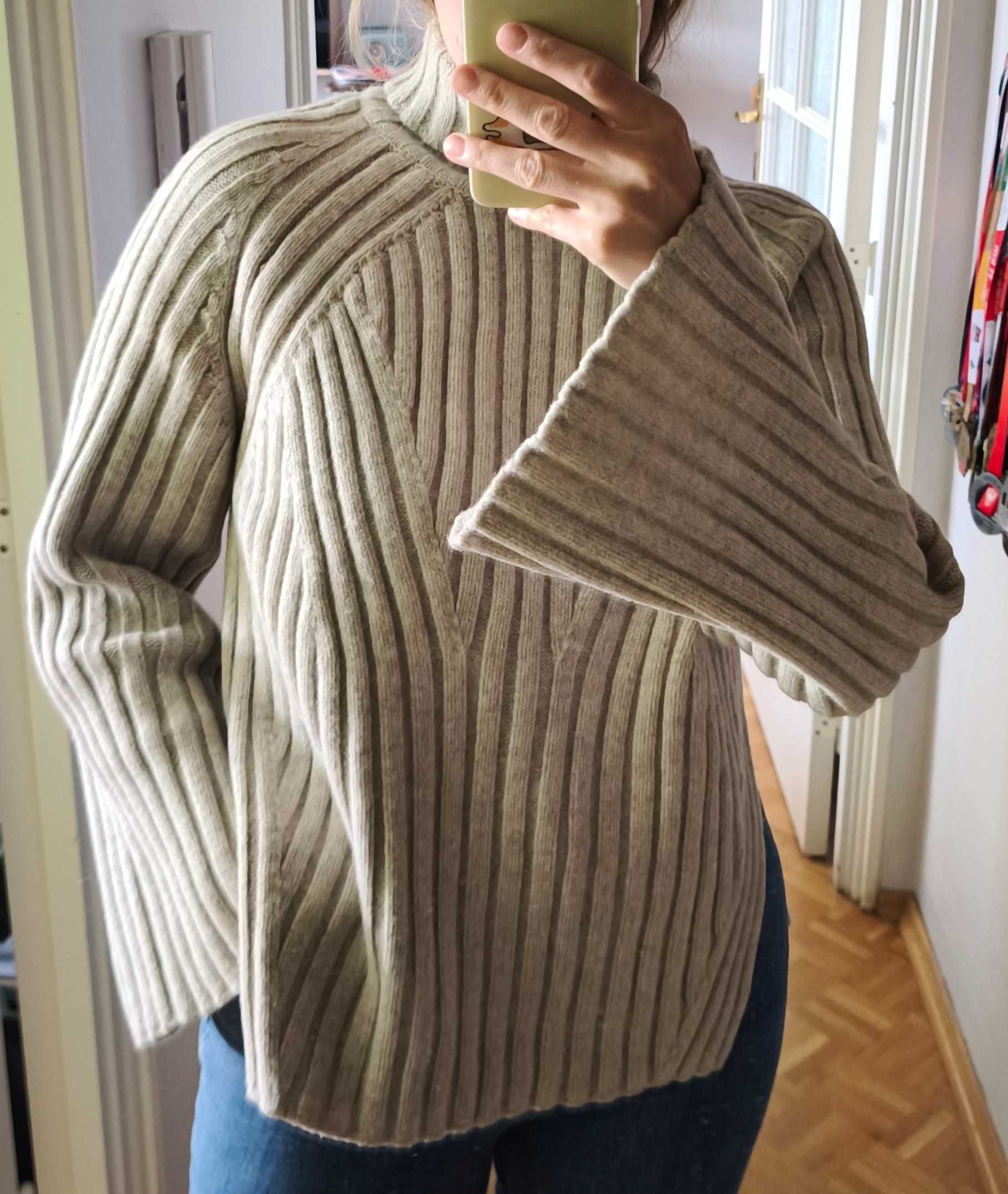 Gruby wełniany beżowy piaskowy sweter golf H&M Premium S 100% wełna