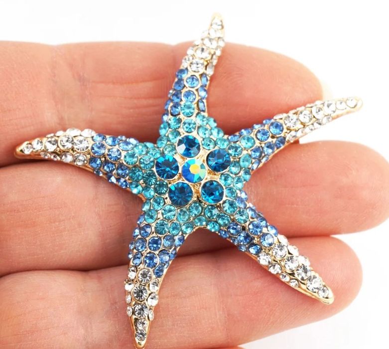Broszka Złota Rozgwiazda Vintage Z Kryształami Niebieska