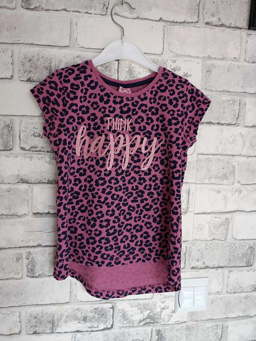 bluzka tunika 110 krótki rękaw różowa w panterkę cętki panterka brokat