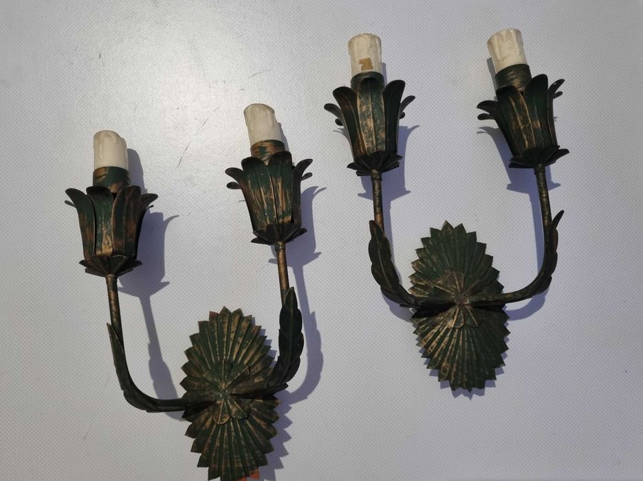 Par de Apliques / Candeeiros duplos, tema floral, artesanato anos 50
