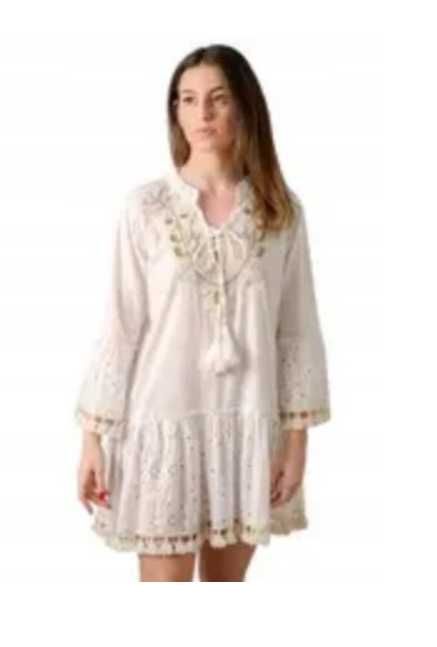 Lula natura Sukienka w stylu boho 100% bawełna biel/beż one size