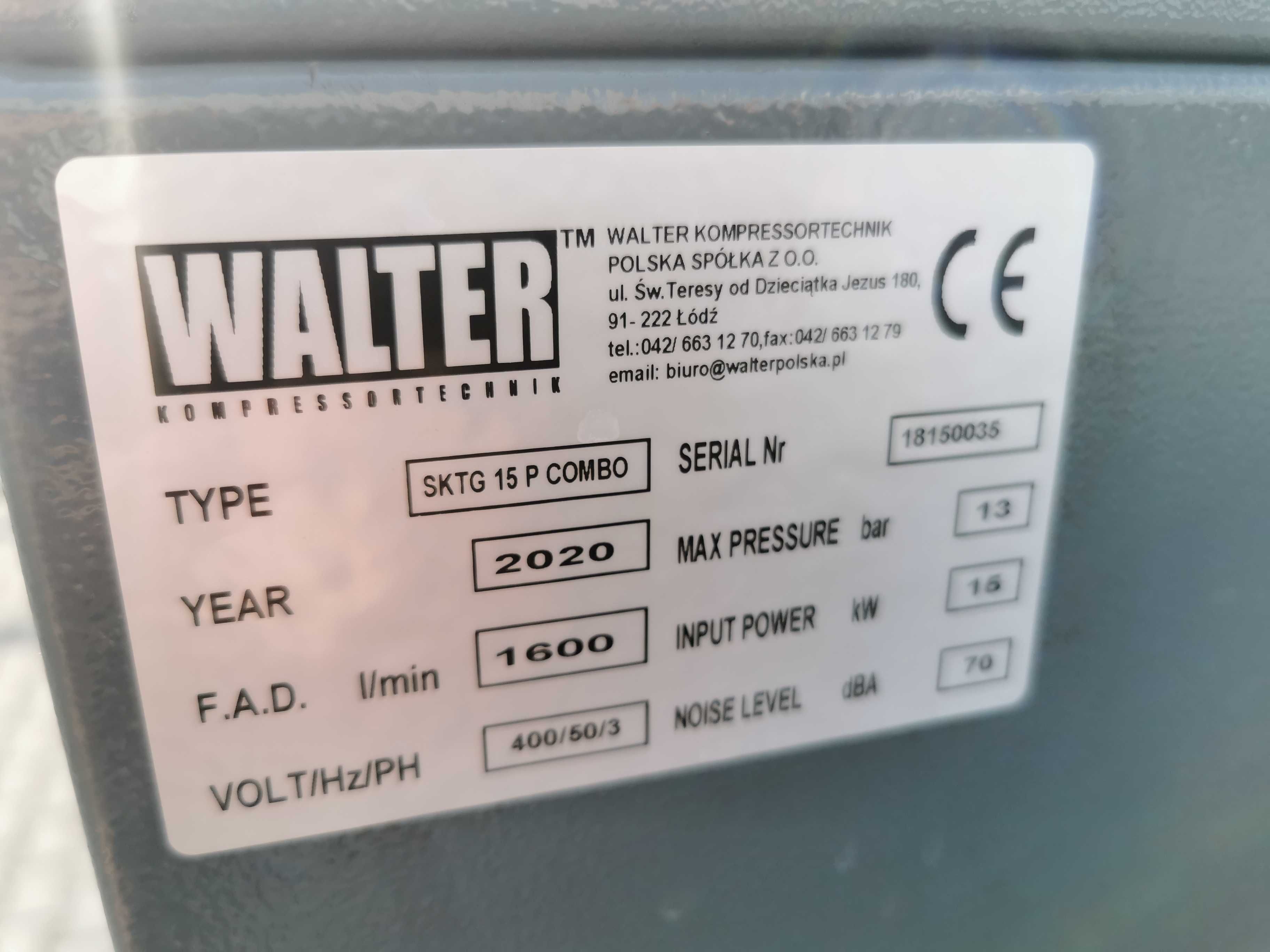 2020r 15kw 13 bar!! 1600L/m Sprężarka śrubowa WALTER kompresor śrubowy