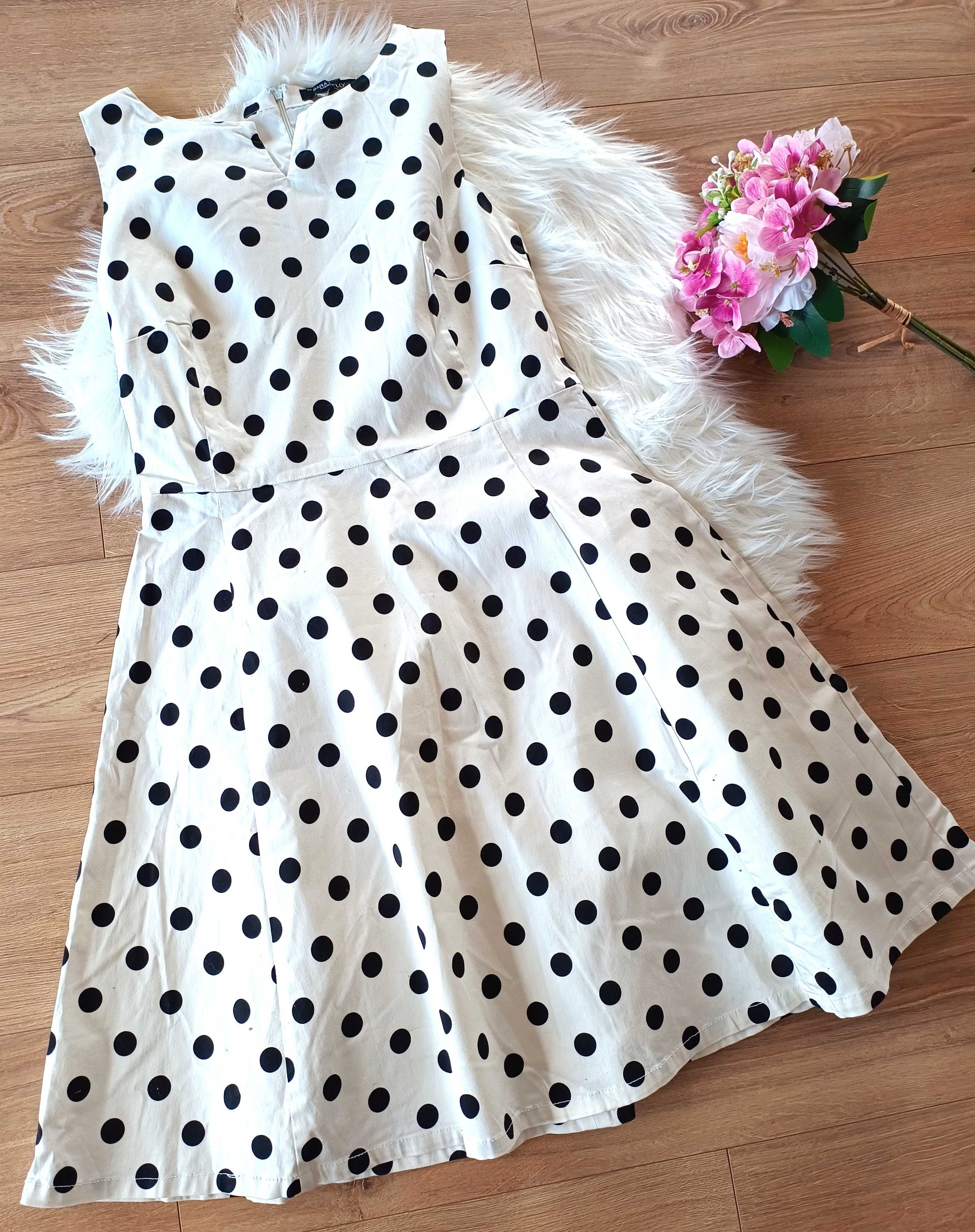 Biała retro rozkloszowana sukienka w kropki grochy groszki letnia 42XL