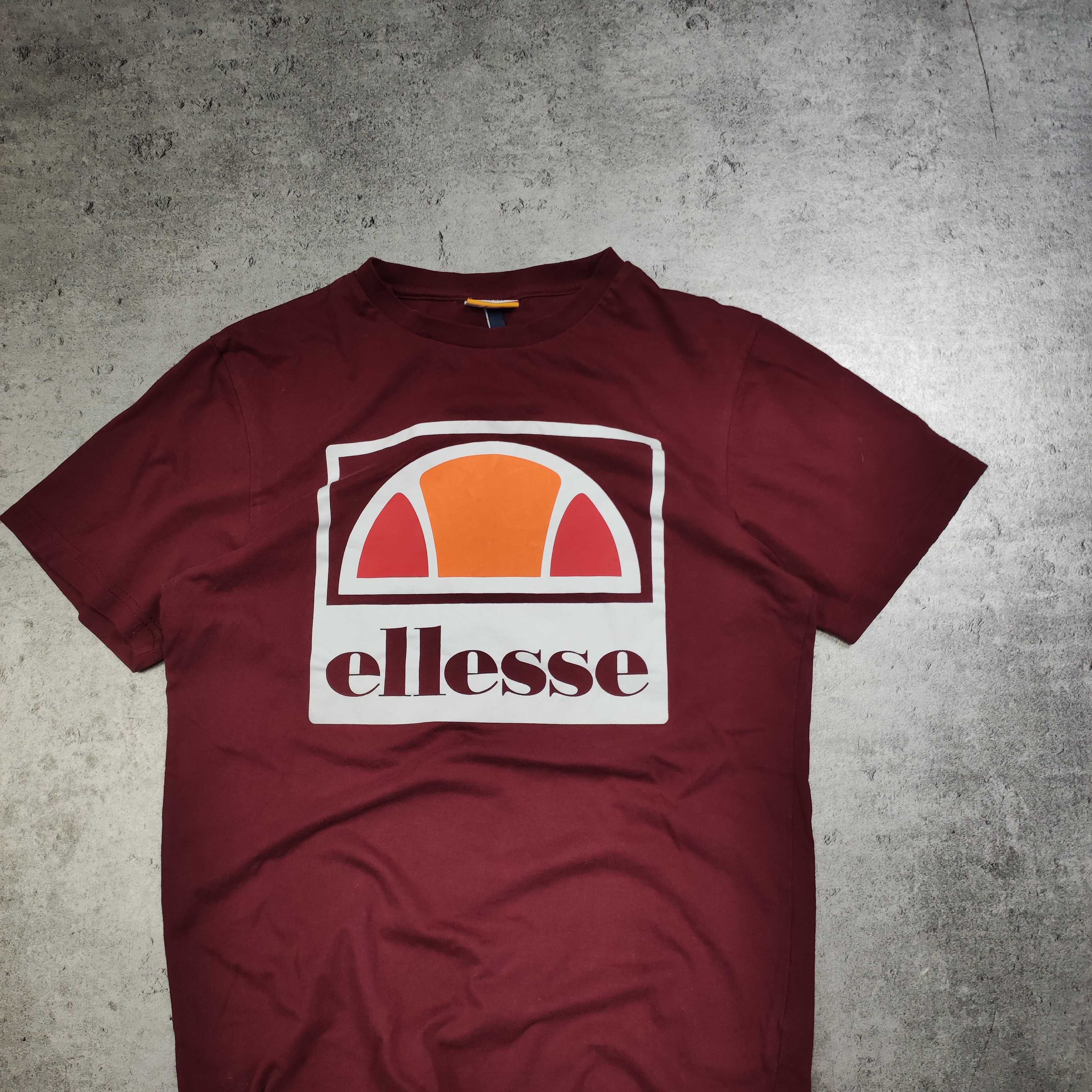 MĘSKA Koszulka Sportowa Bawełna PREMIUM Duże Logo Bordowa Ellesse