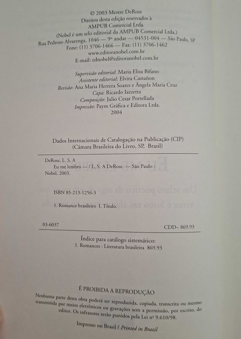 Livro Eu Me Lembro, de Mestre DeRose, Ed. Nobel Brasil - 2004