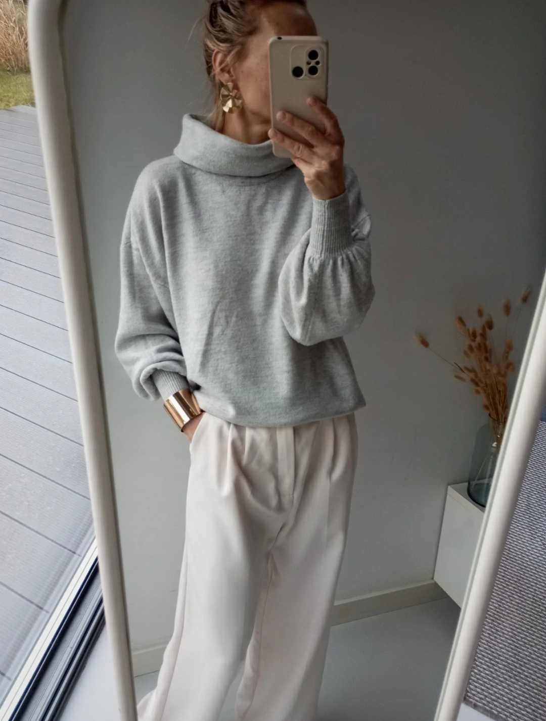 Asos szary sweter piękne rękawy duży L z golfem ciepły