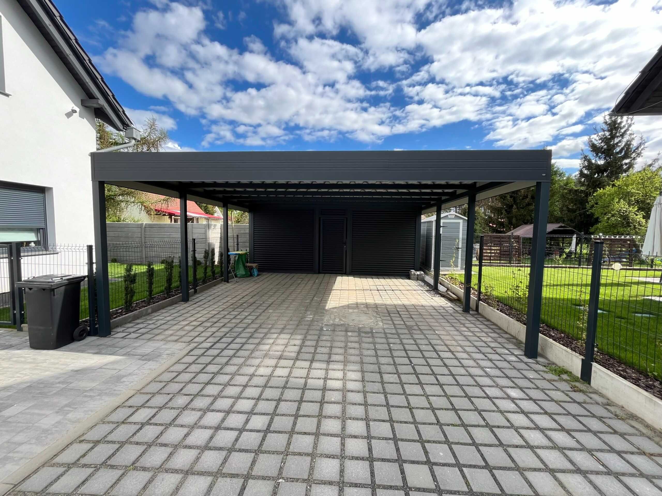 Nowoczesna wiata garażowa, carport z pomieszczeniem gospodarczym