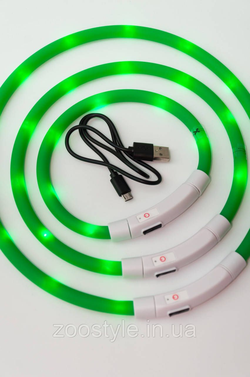 Светящийся светодиодный зеленый LED ошейник USB 20-35 см