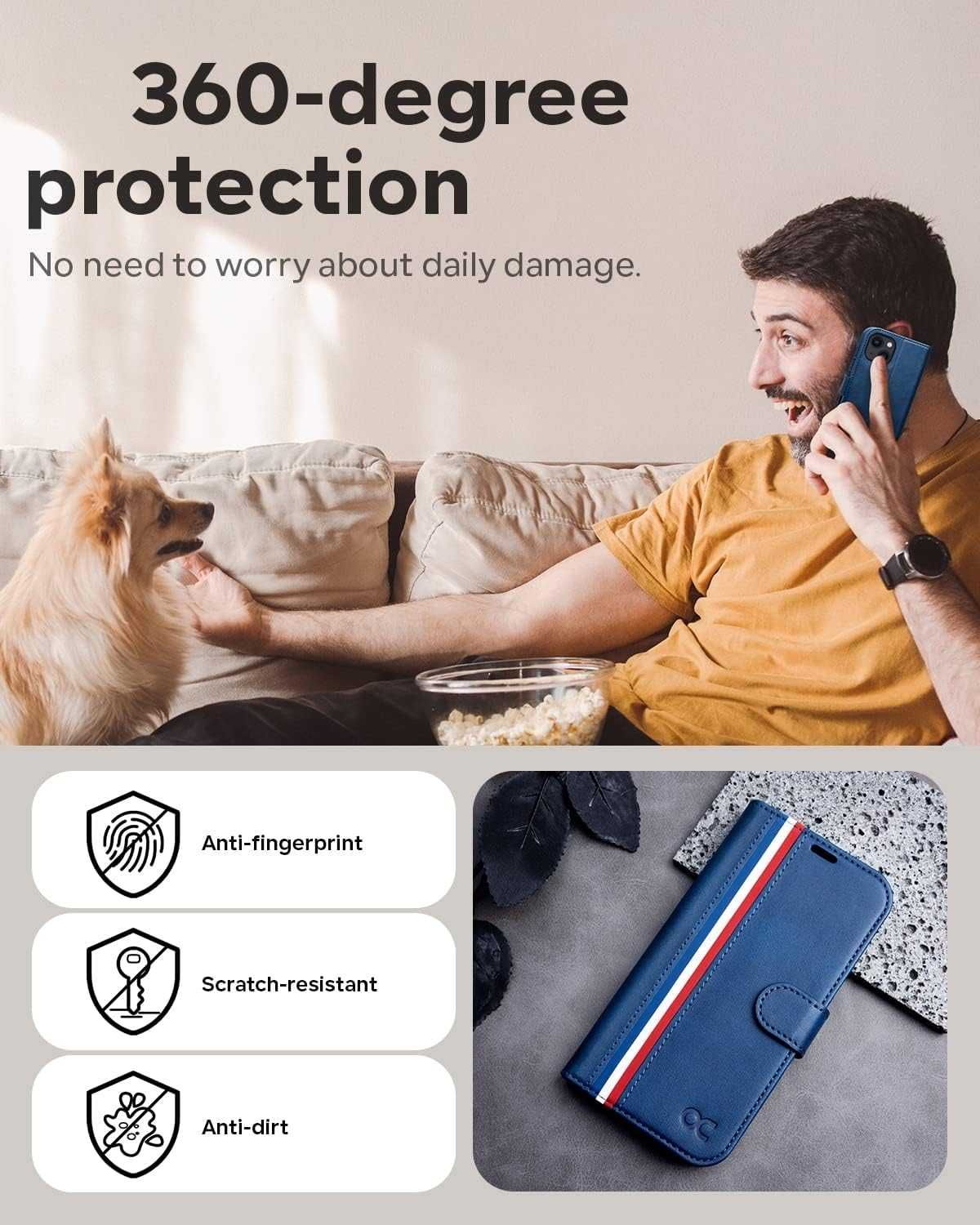 OCASE skórzane etui iPhone 13 iPhone 14 z klapką RFID niebieski