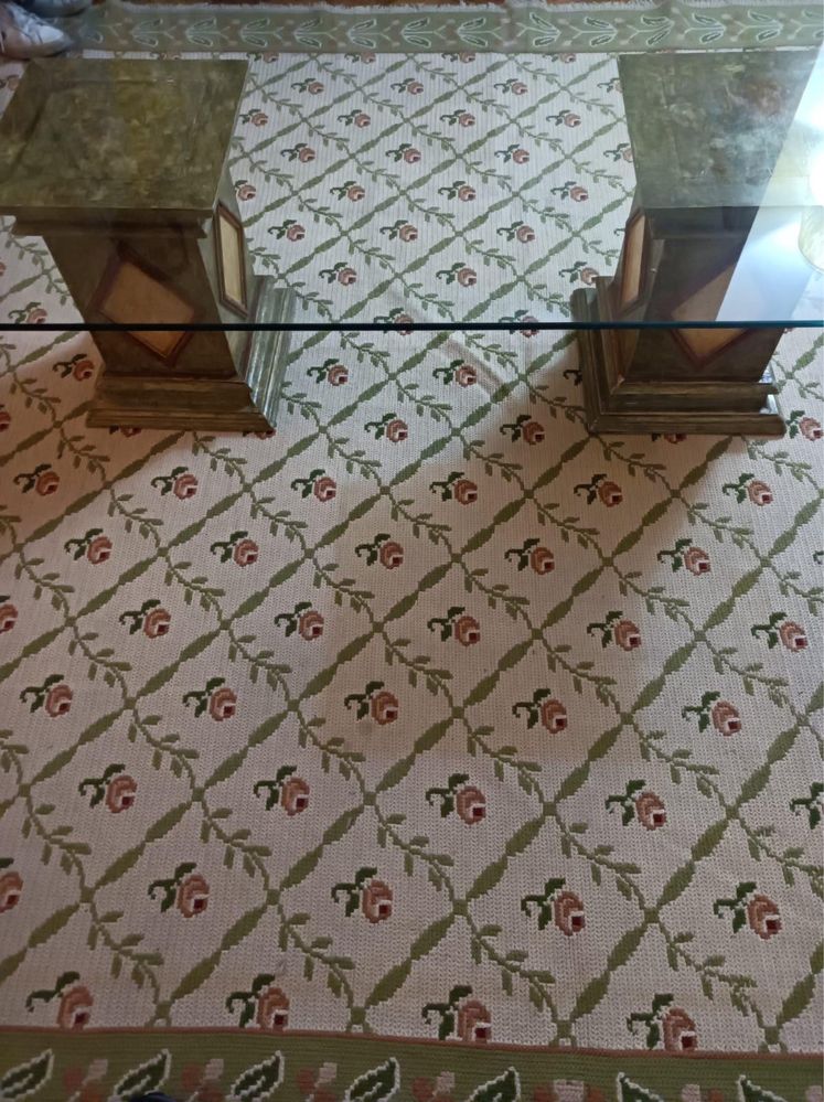Pés de mesa pintados a mão com tampo de vidro grosso, vintage