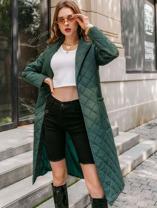 Płaszcz damski pikowany zielony wiosenny wiązany