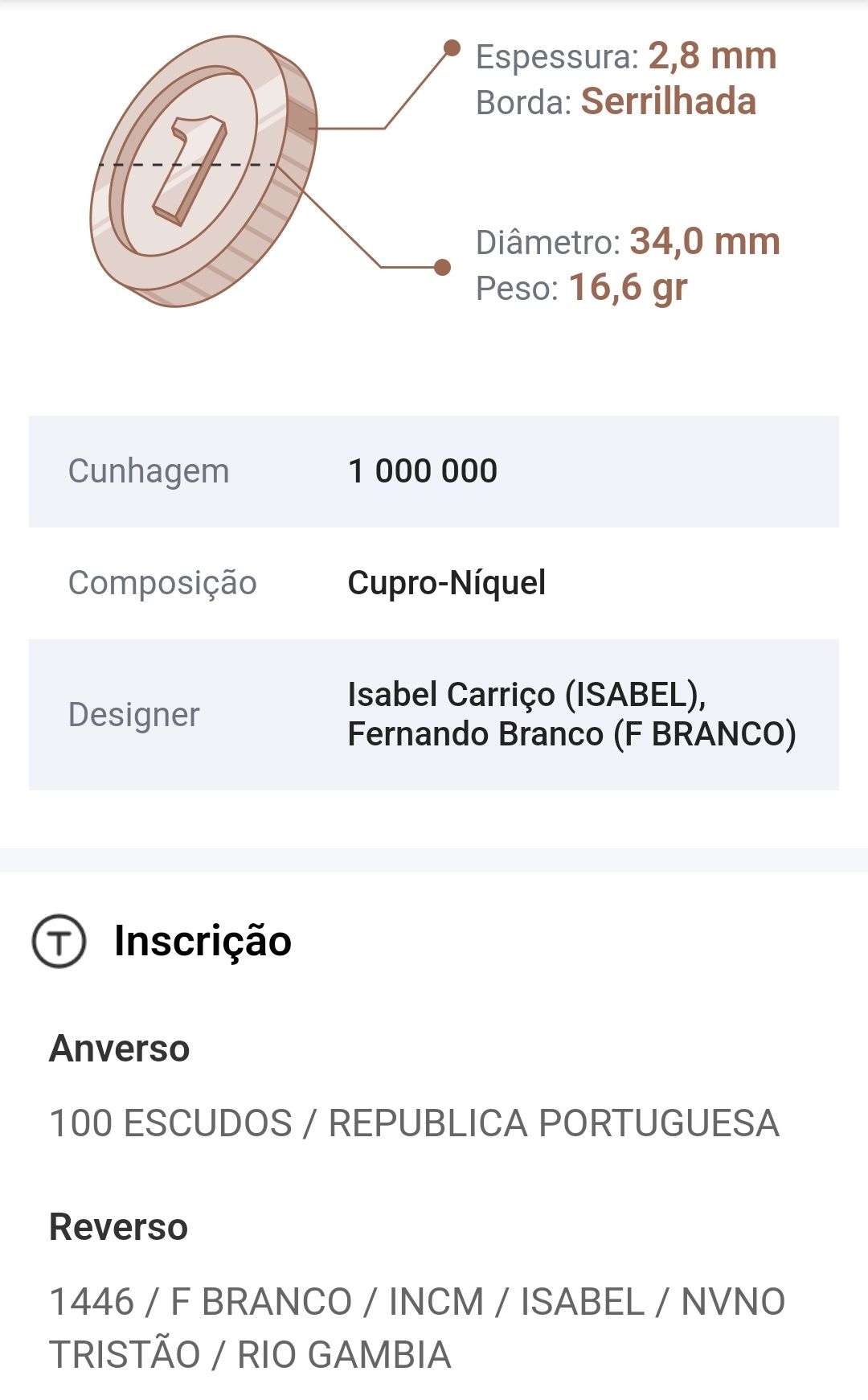 Moedas de 100 escudos. DIOGO CÃO e Nuno Tristão