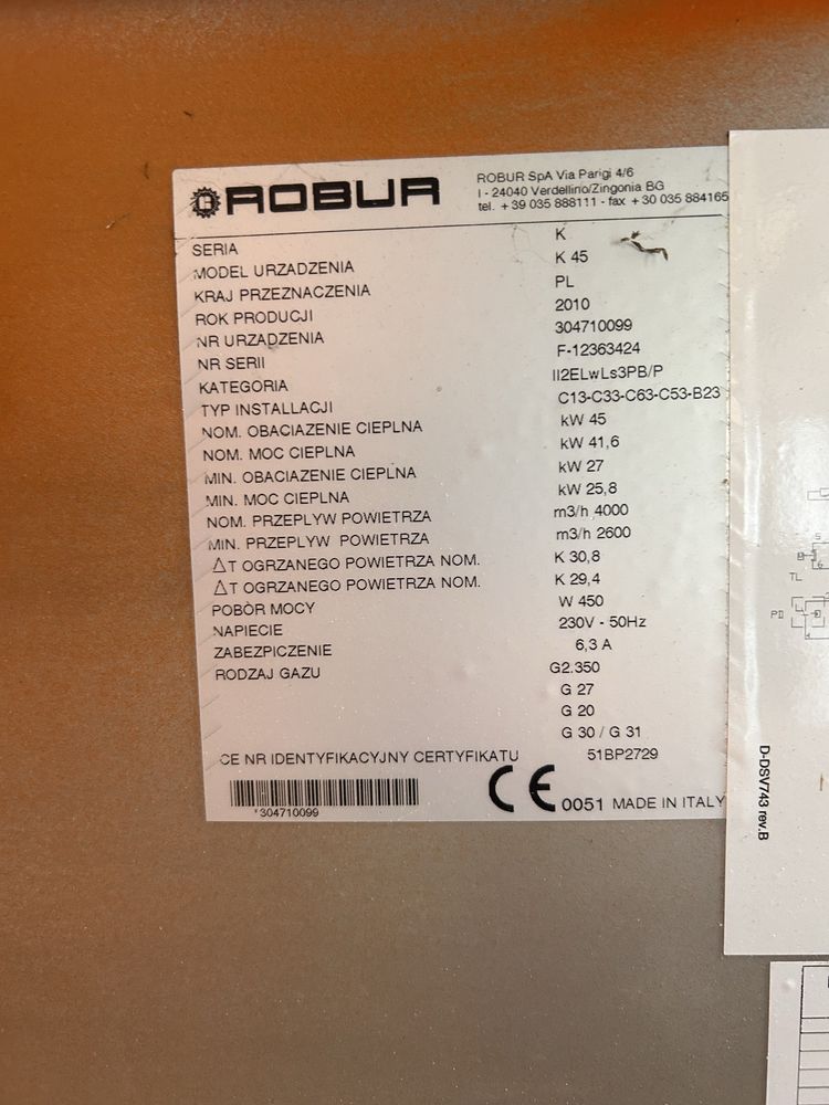 Nagrzewnica gazowa Robur 45 KW