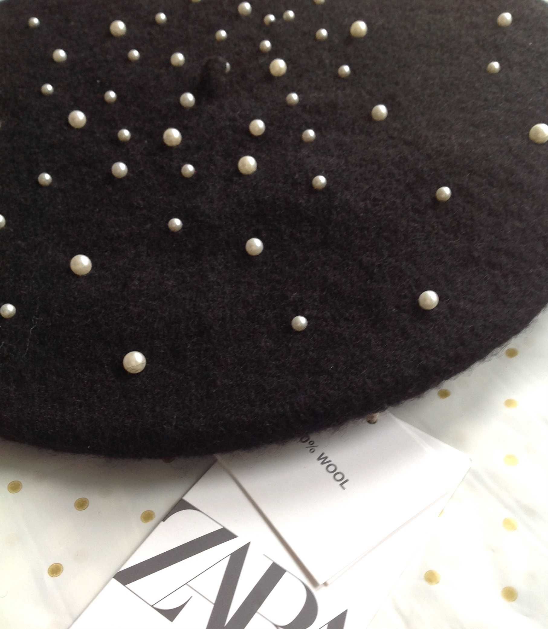 Zara wełniany czarny beret zdobiony perłami 10 - 14 lat