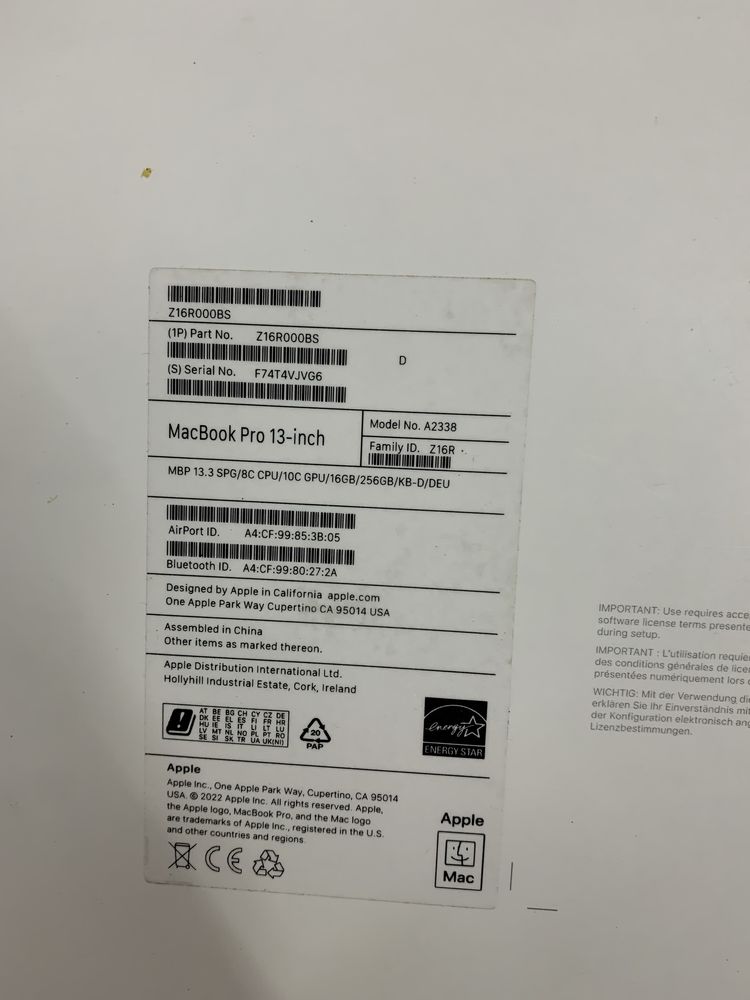 New MacBook Pro 13 M2 2022 16 / 256Gb