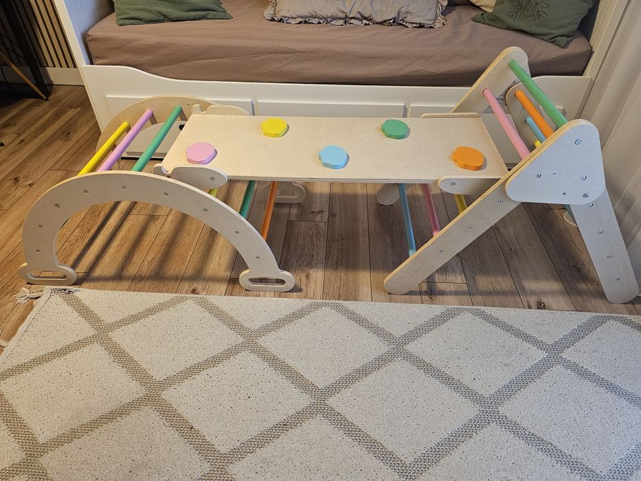 Drewniany Zestaw Montessori 3w1: Bujak, Zjeżdżalnia i Most!