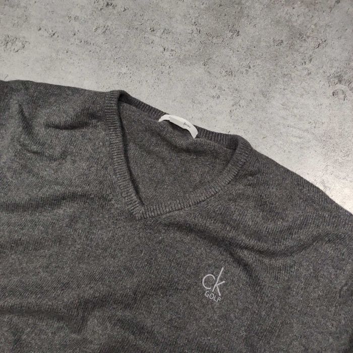 MĘSKI Elegancki PREMIUM Wełniany Sweter Haft Szary Calvin Klein Golf