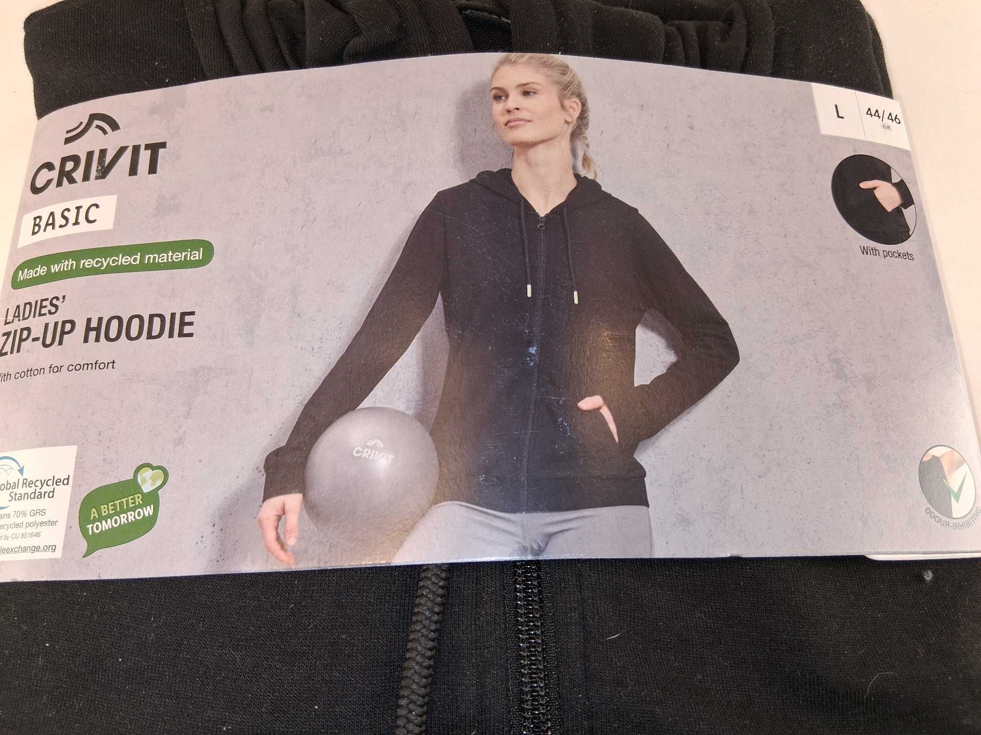A256 Crivit Basic Damska Bluza Z Kapturem Zip-Up Hoodie L 44/46 Czarna