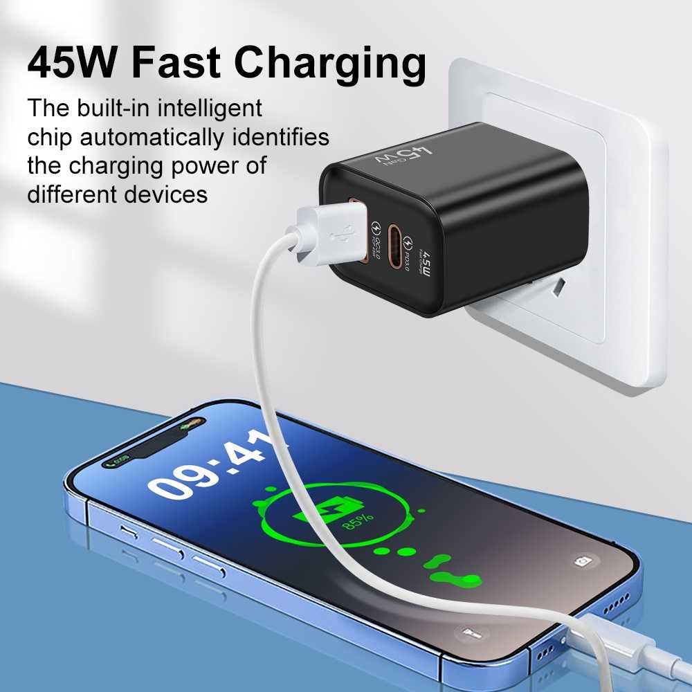 Szybka Ładowarka Sieciowa 45W do telefonu 1xUSB 1xUSB-C