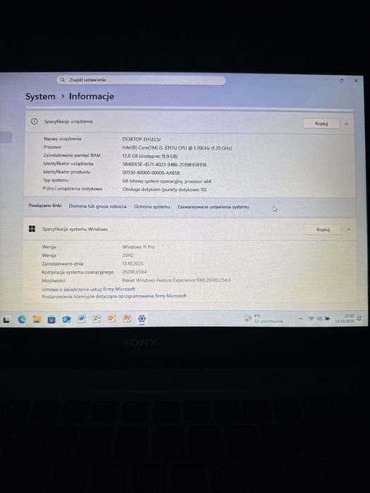 Laptop Sony Vaio SVT1311M1ES i5 z matrycą dotykową win 25H2