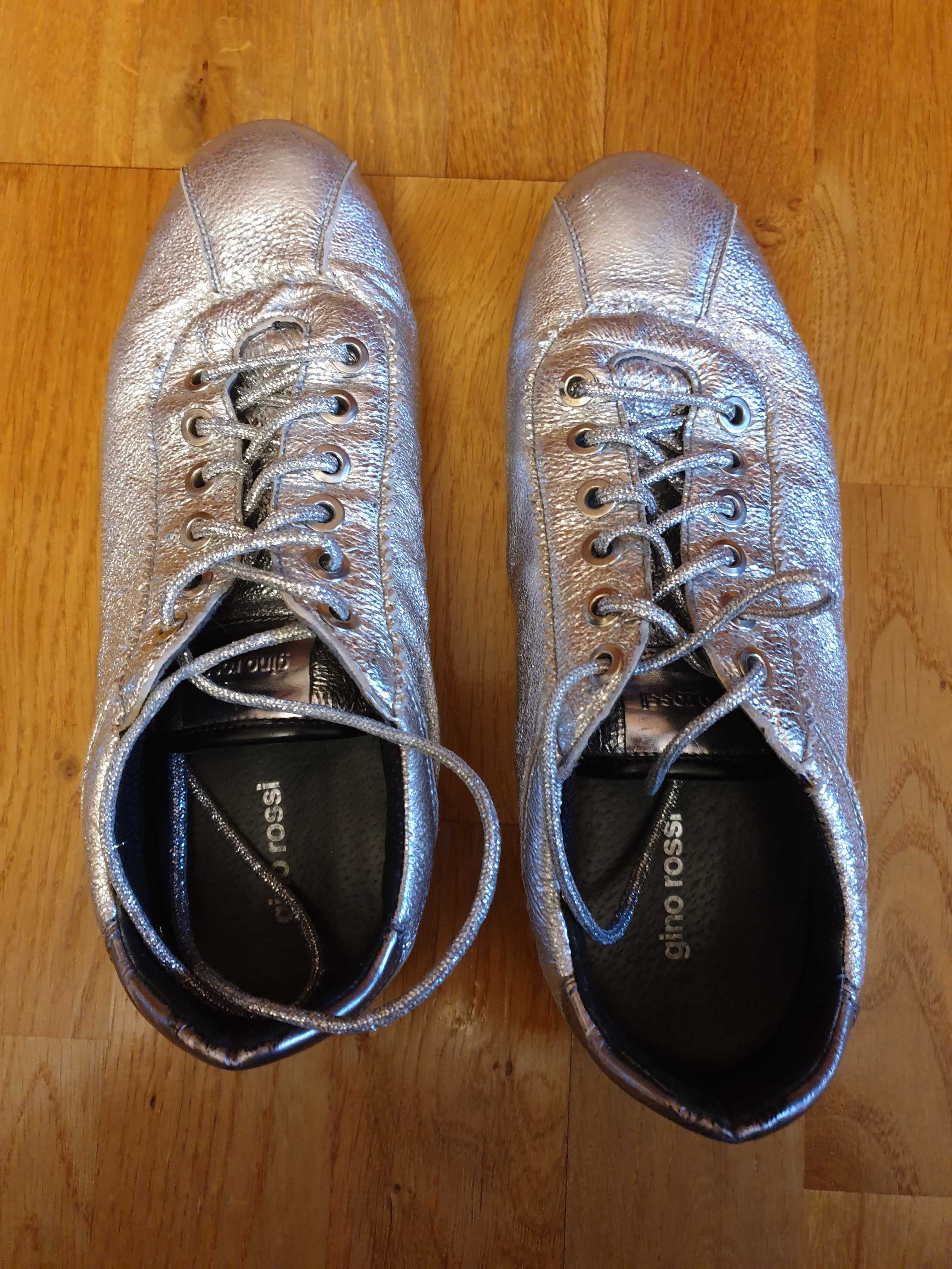 Buty sneakersy srebrne, Gino Rossi 37, skóra,  sznurowane