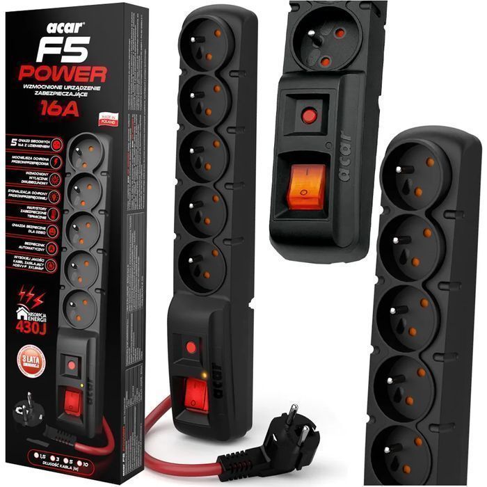 Listwa przeciwprzepięciowa ACAR F5 POWER 1,5m 5 gniazd 16A W2289