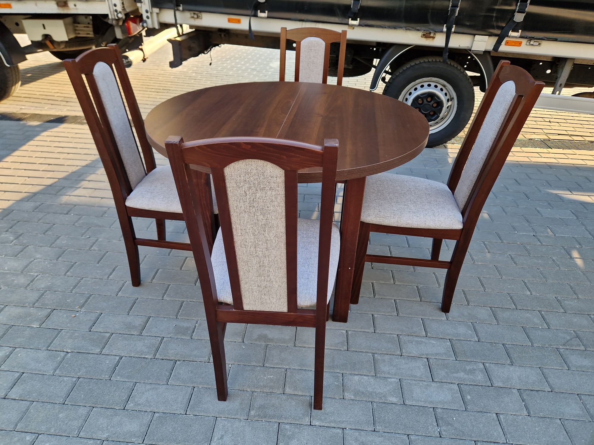 Nowe: Stół okrągły + 4 krzesła , orzech + kawa z mlekiem , trans PL