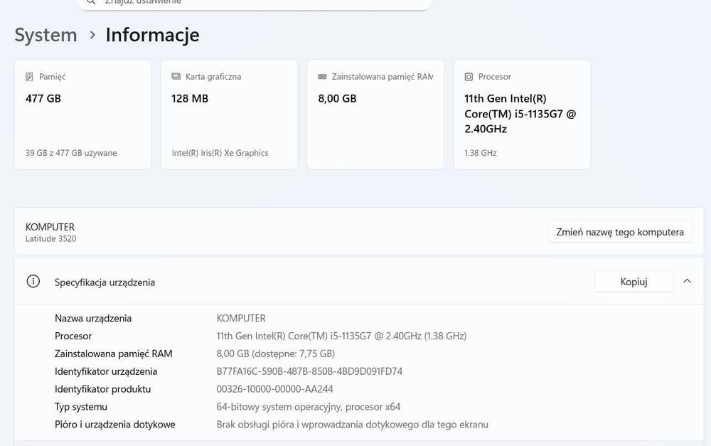 Laptop DELL LATITUDE 3520 i5-11th  WIN11