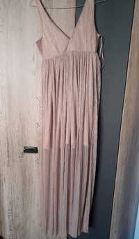 Długa połyskująca sukienka pudrowy róż sukienka maxi tiulowa 34 XS