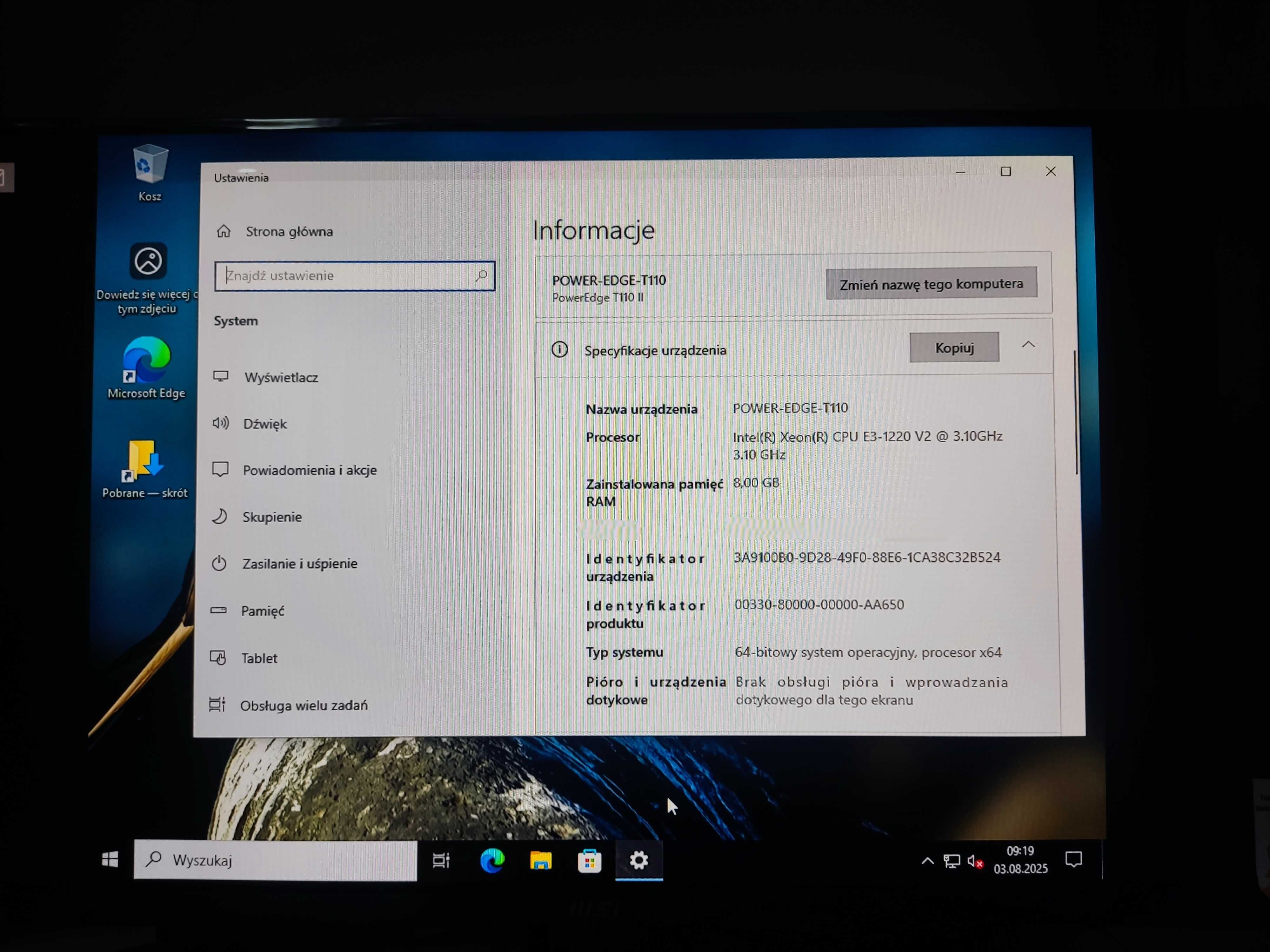 Desktopowy Serwer DELL PowerEdge T110 II CPU 3,1GHz/HDD 4TB/RAM 8GB