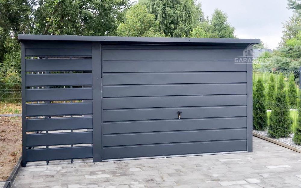 GARAŻ BLASZANY 3M X 5M + Wiata 1m Brama Uchylna Rynny Antracyt GB312