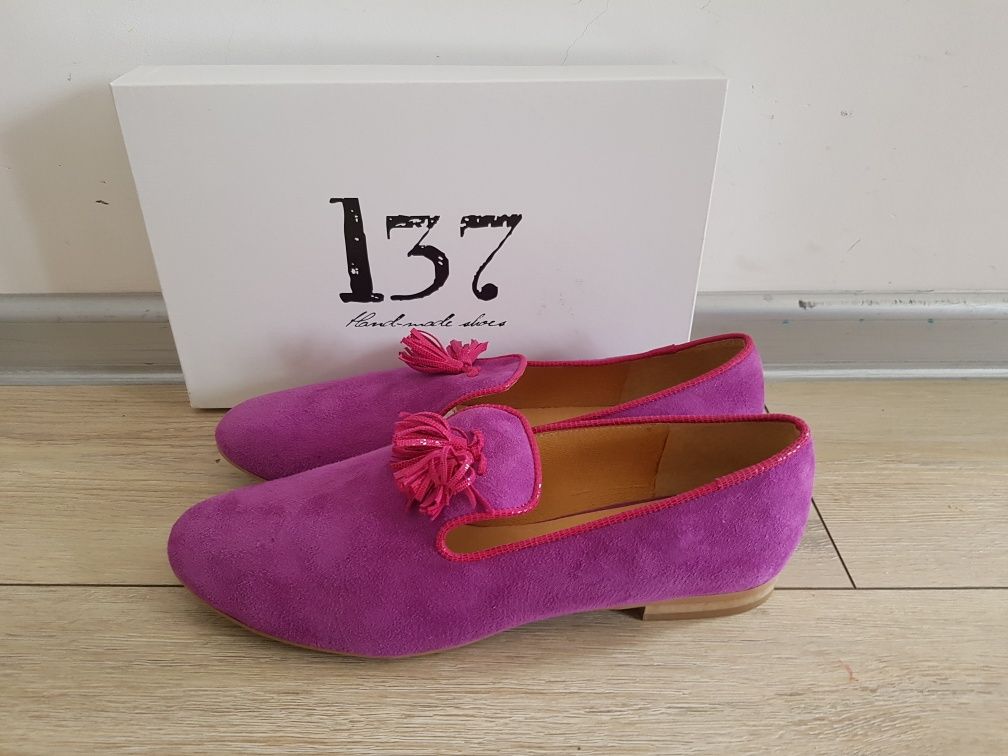 Nowe mokasyny r.43 całe ze skóry naturalnej Loft 37 amarant/fiolet/róż