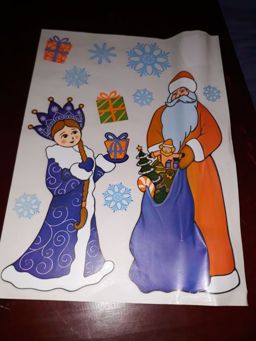 Новогодние наклейки на стекло снежинки Снегурочка Дед Мороз украшения