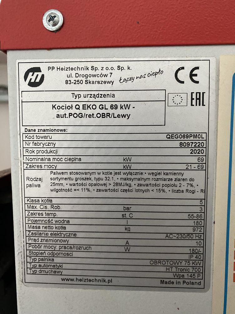 Piec na ekogroszek z podajnikiem HEIZTECHNIK 69KW