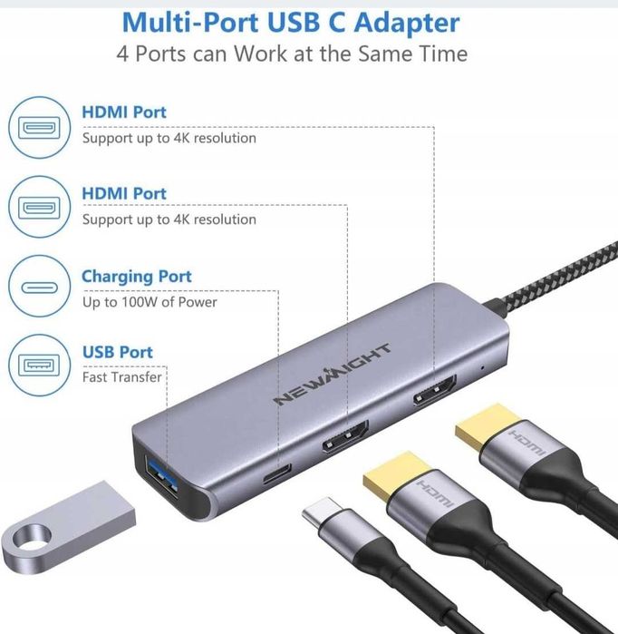 Adapter HDMI Do Dwóch Monitorów Newmight 4 w 1 USB C